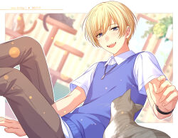 Rule 34 | 1boy, blonde hair, blue sweater, blurry, blurry background, blush, bracelet, brown pants, cat, collared shirt, commentary request, dated, feet out of frame, grey eyes, happy, happy birthday, highres, jewelry, looking down, male focus, necklace, on air!, open mouth, pants, sekina, shirayuki rei (on air!), shirt, short hair, smile, solo, sweater, sweater vest, white shirt, window