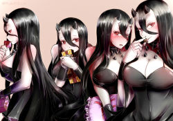 Rule 34 | 10s, 4girls, abyssal ship, battleship princess, black dress, black hair, blush, breasts, chocolate, cleavage, clone, condom, condom wrapper, dress, eyelashes, fang, hi ye, horns, kantai collection, large breasts, long hair, looking at viewer, mouth hold, multiple girls, pillow, red eyes, skin-covered horns, spaghetti strap, tongue, twitter username, valentine, yes, yes-no pillow