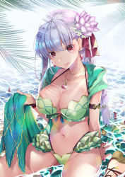 Rule 34 | 1girl, akatsuki hijiri, armlet, bare shoulders, beach, bikini, blush, bracelet, braid, braided ponytail, breasts, cleavage, collarbone, earrings, fate/grand order, fate (series), flower, frills, green bikini, green vest, hair flower, hair ornament, hair ribbon, highres, hood, hooded vest, hoodie, jewelry, kama (fate), kama (swimsuit avenger) (fate), kama (swimsuit avenger) (second ascension) (fate), large breasts, long hair, looking at viewer, lotus, navel, necklace, palm leaf, pendant, red eyes, ribbon, shore, silver hair, sitting, smile, solo, swimsuit, thighs, tongue, tongue out, vest, wariza, wet