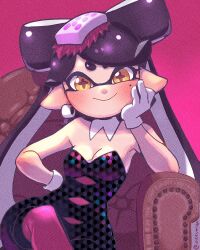Rule 34 | 1girl, bare arms, bare shoulders, black hair, black jumpsuit, bow-shaped hair, breasts, callie (splatoon), cleavage, detached collar, earrings, food, food on head, gloves, hand on own hip, head rest, highres, hoop earrings, inkling, jewelry, jumpsuit, long hair, mimimimiguchan, mole, mole under eye, nintendo, object on head, on chair, pantyhose, pink pantyhose, pointy ears, short ponytail, solo, splatoon (series), strapless, sushi, swept bangs, tentacle hair, thick eyebrows, twintails, unitard, white gloves, yellow eyes