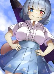 Rule 34 | 1girl, adapted costume, bad id, bad pixiv id, blue eyes, blue hair, blue skirt, blue sky, blush, breasts, cloud, cowboy shot, day, dutch angle, from below, hands on own hips, heterochromia, karakasa obake, large breasts, looking at viewer, looking down, outdoors, piyodesu, pleated skirt, popped collar, red eyes, shirt, short hair, short sleeves, skirt, sky, smile, solo, standing, tatara kogasa, touhou, umbrella, white shirt, you gonna get raped
