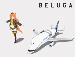 Rule 34 | 1girl, :d, airbus beluga xl, aircraft, airplane, animal ears, atamonica, black footwear, black thighhighs, closed eyes, commentary, crop top, english commentary, green jacket, horse ears, horse girl, horse tail, jacket, jet, leg up, long hair, long sleeves, mayano top gun (umamusume), midriff, navel, open clothes, open jacket, open mouth, orange hair, outstretched arms, patch, shadow, shirt, shoes, short shorts, shorts, simple background, smile, sneakers, solo, spread arms, tail, thighhighs, umamusume, vehicle focus, vehicle name, white background, white shorts, wide shot, yellow shirt
