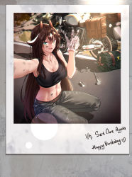 Rule 34 | 1girl, :d, absurdres, animal ears, arknights, bag, bare arms, bare shoulders, black hair, black tank top, chinese commentary, commentary request, crop top, dirty, dirty face, gloves, green eyes, grey pants, hair between eyes, hand up, highres, horse ears, long hair, looking at viewer, meteor (arknights), midriff, motor vehicle, motorcycle, multicolored hair, navel, open mouth, pants, photo (object), seiza, shadow, shijie jianfa, sitting, smile, solo, stomach, streaked hair, tank top, thighs, very long hair, w, white gloves, white hair