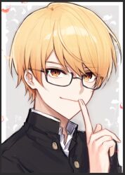 Rule 34 | 1boy, bespectacled, black border, blonde hair, border, buttons, closed mouth, commentary, gakuran, glasses, gradient hair, ichigo ichie na hyakki yagyou!? (project sekai), index finger raised, looking at viewer, male focus, multicolored hair, official alternate costume, official alternate hairstyle, orange eyes, orange hair, panprika, project sekai, school uniform, short hair, solo, tenma tsukasa