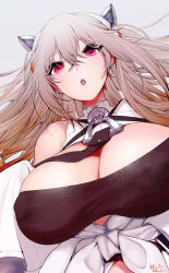 Rule 34 | 1girl, absurdres, anchorage (azur lane), azur lane, bare shoulders, breasts, brown hair, cleavage, cleavage cutout, clothing cutout, covered erect nipples, crossed bangs, detached collar, from below, gradient hair, hachimitsu hinako, highres, horns, huge breasts, light brown hair, long hair, multicolored hair, open mouth, pink eyes, shirt, tied shirt