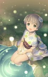 Rule 34 | 10s, 1girl, alternate costume, bad id, bad pixiv id, brown eyes, cocolo (co co lo), fireflies, gradient background, grass, green eyes, hair ornament, highres, japanese clothes, kantai collection, kimono, night, obi, open mouth, ripples, sash, short hair, sitting, smile, soaking feet, solo, water, yukata, z1 leberecht maass (kancolle)
