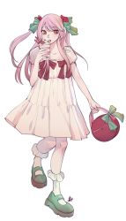 Rule 34 | 1girl, bag, blush, bow, brown eyes, commentary, cup, dress, english commentary, flower, green bow, green footwear, hair bow, hair flower, hair ornament, handbag, highres, holding, holding bag, holding cup, looking to the side, nijisanji, nijisanji en, parted lips, red bow, red flower, rosemi lovelock, s h i e, solo, two side up, virtual youtuber, white background, white dress