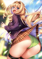 Rule 34 | 1girl, absurdres, ass, blazer, blonde hair, blue eyes, blurry, blurry background, blush, breasts, buttons, clothes lift, day, drill hair, embarrassed, from behind, green panties, hairband, hanikami kanojo, highres, jacket, long hair, long sleeves, looking back, medium breasts, open mouth, outdoors, panties, piromizu, pleated skirt, scan, school uniform, shoudou erena, skirt, solo, tears, thighs, underwear, upskirt, very long hair