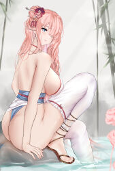 Rule 34 | 1girl, absurdres, ass, bamboo, blue eyes, breasts, brown dust 2, covered erect nipples, dress, eyebrows hidden by hair, flower, from side, hair flower, hair ornament, hair over one eye, hairpin, highres, in water, knee up, large breasts, lips, long hair, looking at viewer, midorim233, onsen, open mouth, pink hair, revealing clothes, sideboob, sideless dress, sitting, solo, steam, sylvia (brown dust), thighhighs, toes, very long hair, waraji, white dress, white thighhighs