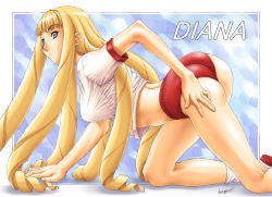 Rule 34 | 1girl, alternate costume, arched back, ass, back, blonde hair, blouse, blue background, blue eyes, breasts, buruma, character name, clothes lift, dianna soreil, drill hair, from side, gegera, gundam, gym uniform, hand on own ass, kneepits, large breasts, legs apart, long hair, outside border, shirt, shirt lift, socks, solo, thighs, turn a gundam, underwear, very long hair, white shirt, white socks