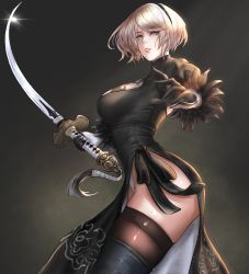 Rule 34 | 1girl, absurdres, black dress, black thighhighs, blue eyes, breasts, commentary, dress, duchessofarmeria, feather trim, from side, gloves, gradient background, hair ornament, hairband, highres, holding, holding sword, holding weapon, lips, looking at viewer, medium breasts, nier:automata, nier (series), parted lips, shiny skin, short hair, side slit, simple background, sword, thighhighs, thighs, turtleneck, weapon, white hair, 2b (nier:automata)