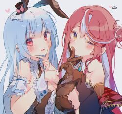 Rule 34 | 2girls, animal ears, bare shoulders, black gloves, blue hair, blunt bangs, blush, bow, bowtie, breast press, breasts, cleavage, crossed bangs, detached sleeves, finger to mouth, finger to own chin, frills, gloves, hair bun, hat, heart, heart hands, heart hands failure, highres, hololive, houshou marine, houshou marine (marching band), jacket, long hair, looking at viewer, medium breasts, mini hat, mini top hat, multicolored hair, multiple girls, official alternate costume, one eye closed, open clothes, open jacket, open mouth, otintin, pink bow, pink bowtie, puffy short sleeves, puffy sleeves, rabbit ears, rabbit girl, red eyes, short sleeves, sideboob, simple background, single hair bun, single side bun, straight hair, streaked hair, symmetrical docking, thumbs up, top hat, traditional bowtie, two-tone hair, unzipped, usada pekora, usada pekora (furi furi bunny dress), v, virtual youtuber, white background, white hair, wrist cuffs, yellow eyes