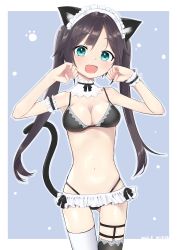 Rule 34 | 1girl, :d, absurdres, animal ear fluff, animal ears, asymmetrical legwear, bikini, black bikini, black hair, black thighhighs, blue background, blue eyes, breasts, cat ears, cat girl, cat tail, cleavage, commentary request, dated, hands up, highleg, highleg bikini, highres, long hair, looking at viewer, maid headdress, medium breasts, mishima ryo, mismatched legwear, navel, open mouth, original, outline, parted bangs, smile, solo, swimsuit, tail, thighhighs, twintails, two-tone background, very long hair, white background, white outline, white thighhighs