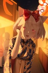 Rule 34 | 1girl, adjusting hair, animal ear fluff, animal ears, blush, bow, breasts, cat ears, day, earrings, extra ears, festival, futoshi ame, hair bow, highres, jewelry, lantern, large breasts, leaning forward, looking at viewer, night, night sky, original, outdoors, paper lantern, pink eyes, red bow, short hair, sky, solo focus, white hair