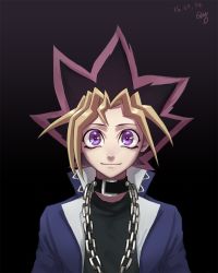 Rule 34 | 1boy, bad id, bad pixiv id, black background, black collar, black shirt, blonde hair, blue jacket, chain, chain necklace, collar, commentary request, dated, dyed bangs, gradient background, grey background, highres, jacket, jewelry, looking at viewer, male focus, multicolored hair, muto yugi, necklace, purple eyes, shirt, signature, smile, solo, spiked hair, upper body, yu-gi-oh!, yurang