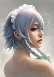 Rule 34 | 1girl, blue eyes, braid, eyelashes, from behind, grey background, hair ribbon, highres, izayoi sakuya, lips, looking at viewer, looking back, maid headdress, nape, nose, nude, pandawei, parted lips, portrait, realistic, ribbon, short hair, short hair with long locks, sideways glance, silver hair, solo, touhou, twin braids