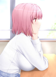 Rule 34 | 1girl, breasts, commentary, contemporary, day, from side, head rest, highres, indoors, large breasts, long sleeves, looking away, medium hair, nori tamago, pink hair, profile, red eyes, saigyouji yuyuko, shirt, sitting, solo, touhou, upper body, white shirt, window