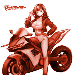 Rule 34 | 1girl, belt, bodysuit, breasts, choker, cleavage, closed mouth, collarbone, copyright name, cropped jacket, hair between eyes, hand on own hip, highres, jacket, large breasts, long sleeves, mach rider, mach rider (character), minamoto80486, monochrome, motor vehicle, motorcycle, open clothes, open jacket, red theme, short hair, simple background, solo, white background
