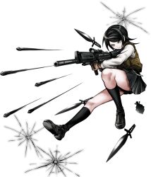 1girl black_footwear black_hair black_skirt broken_glass brown_gloves brown_vest bullet bullet_hole calf_socks closed_mouth combat_knife combat_vest crossover danganronpa:_trigger_happy_havoc danganronpa_(series) female_focus fragmentation_grenade freckles full_body glass gloves grey_eyes gun gun_request gunbreaker_(final_fantasy) hand_grenade highres holding holding_gun holding_weapon ikusaba_mukuro knife long_sleeves official_art oshiro_project:re parted_bangs pleated_skirt rifle shirt simple_background skirt solo transparent_background vest weapon white_shirt