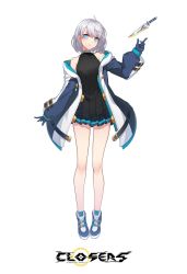 Rule 34 | 1girl, ahoge, bare legs, bare shoulders, black shirt, black skirt, blue eyes, blue gloves, blue jacket, closers, combat knife, floating, floating object, full body, gloves, hand up, highres, jacket, knife, long sleeves, miniskirt, off shoulder, official art, open clothes, open jacket, pleated skirt, puffy sleeves, ribbed shirt, seulbi lee, shirt, shoes, short hair, silver hair, skirt, sleeveless, sleeveless shirt, smile, solo, thighs, weapon