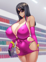 Rule 34 | 1girl, angry, breasts, huge breasts, kawanuma uotsuri, long hair, mole, saionji aki, sunglasses, tan, tanline