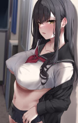 Rule 34 | 1girl, black hair, black jacket, black skirt, blurry, blurry background, blush, breasts, brown eyes, collarbone, commentary request, from side, highres, jack dempa, jacket, large breasts, long hair, long sleeves, looking at viewer, microskirt, navel, open clothes, open jacket, original, parted lips, school uniform, serafuku, shirt, sidelocks, skirt, solo, stomach, white serafuku, white shirt