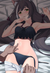 Rule 34 | 1girl, animal ear fluff, animal ears, bare shoulders, bikini, black hair, blush, breasts, cat ears, cat tail, child (isoliya), clothes pull, frilled bikini, frills, green eyes, highres, karyl (princess connect!), karyl (summer) (princess connect!), long hair, looking at viewer, low twintails, lying, multicolored hair, navel, on back, open mouth, pillow, princess connect!, short shorts, shorts, shorts pull, side-tie bikini bottom, solo focus, streaked hair, sweat, swimsuit, tail, twintails, undressing, undressing another, untied bikini, very long hair, white hair, white shorts