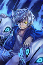 Rule 34 | 1boy, ahoge, black sclera, bone, collarbone, colored sclera, cowboy shot, crazy eyes, fingernails, gasterblaster, glowing, glowing eye, grin, highres, hood, hoodie, humanization, jacket, long sleeves, looking at viewer, male focus, md5 mismatch, minnie (poringrenger), open clothes, open jacket, personification, resized, resolution mismatch, sans (undertale), shirt, signature, skull, smile, solo, source smaller, spoilers, t-shirt, teeth, undertale, upscaled, white hair, white shirt