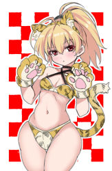 Rule 34 | 1girl, :&lt;, absurdres, ahoge, andou tazusa, animal ear fluff, animal ears, animal hands, animal print, assault lily, bare shoulders, bikini, black choker, blonde hair, blush, breasts, checkered background, choker, cleavage, closed mouth, cowboy shot, criss-cross halter, fake animal ears, fake tail, gloves, groin, hair between eyes, hairband, halterneck, hands up, head tilt, high ponytail, highres, looking at viewer, medium hair, navel, paw gloves, paw pose, ponytail, print bikini, print hairband, red background, red eyes, sketch, small breasts, solo, standing, stomach, swimsuit, tail, thigh gap, tiger ears, tiger paws, tiger print, tiger tail, white background, wide hips, yellow bikini, yellow hairband, yunodon (sugar maple)