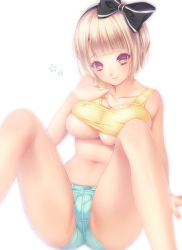 Rule 34 | 1girl, arm support, bad id, bad pixiv id, bare legs, blonde hair, blunt bangs, blush, bow, breasts, brown eyes, collarbone, covered erect nipples, fat mons, female focus, hair bow, hand on own chest, large breasts, looking at viewer, momoi komomo, navel, original, short hair, short shorts, shorts, simple background, smile, solo, spread legs, star (symbol), tank top, underboob, white background