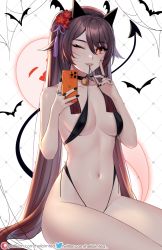 Rule 34 | 1girl, artist name, bare arms, bare shoulders, bat (animal), bell, bikini, black bikini, black hair, black hairband, black nails, breasts, brown hair, cellphone, cleavage, collarbone, fingernails, flower, flower-shaped pupils, genshin impact, gradient hair, hair flower, hair ornament, hairband, helloimtea, highres, holding, holding phone, hu tao (genshin impact), jewelry, jingle bell, lips, long fingernails, long hair, looking at viewer, medium breasts, mouth hold, multicolored hair, multiple rings, nail polish, navel, neck bell, one eye closed, parted lips, phone, red eyes, red flower, ring, silk, sitting, smartphone, spider web, stomach, swimsuit, symbol-shaped pupils, tassel, thighs, twintails, very long hair, white background