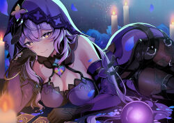 Rule 34 | 1girl, bare shoulders, black gloves, black shorts, black swan (honkai: star rail), blush, boots, breasts, candle, cleavage, closed mouth, gloves, highres, honkai: star rail, honkai (series), large breasts, looking at viewer, lying, on side, purple hair, purple headwear, short shorts, shorts, smile, solo, thigh boots, thighs, yellow eyes, yuito (yuitokobunasbs0)