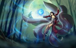 Rule 34 | 1girl, ahri (league of legends), black hair, breasts, cleavage, detached sleeves, fox, fox tail, kienan lafferty, kitsune, korean clothes, kyuubi, large breasts, league of legends, long hair, moon, multiple tails, official art, solo, tail