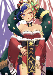 Rule 34 | 1girl, absurdres, bare shoulders, bell, blonde hair, blue eyes, blue hair, braid, breasts, chokopi (tuna11), christmas, christmas wreath, detached sleeves, heterochromia, highres, holly, jaen (youkai watch), looking at, looking at viewer, medium breasts, multicolored hair, neck bell, smile, solo, two-tone hair, wreath, yellow eyes, youkai watch, youkai watch: punipuni