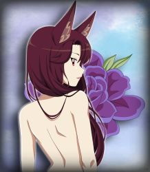 Rule 34 | animal ears, back, brown hair, flower, from behind, highres, imaizumi kagerou, lipgloss, lipstick, long hair, makeup, pink lips, purple flower, red eyes, remyfive, seductive smile, smile, straight hair, touhou, werewolf, wolf, wolf ears, wolf girl