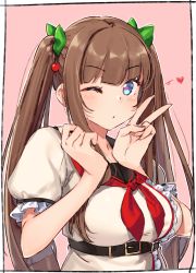 Rule 34 | .live, 1girl, bad id, bad pixiv id, belt, belt buckle, black belt, black sailor collar, blue eyes, blush, bow, breasts, brown hair, buckle, closed mouth, green bow, hair bow, hands up, heart, highres, kakyouin chieri, kei (soundcross), large breasts, long hair, looking at viewer, medium breasts, neckerchief, one eye closed, pink background, puffy short sleeves, puffy sleeves, red neckerchief, sailor collar, school uniform, serafuku, shirt, short sleeves, solo, twintails, upper body, v, v-shaped eyebrows, very long hair, virtual youtuber, white shirt