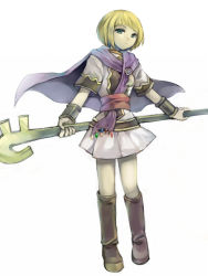 Rule 34 | 1girl, bad id, bad pixiv id, blonde hair, blunt bangs, bob cut, boots, bracer, brown footwear, cape, full body, golden sun, green eyes, higeka, holding, holding staff, looking at viewer, purple cape, sash, sheba (golden sun), short sleeves, simple background, solo, staff, standing, white background