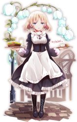 Rule 34 | 1girl, apron, black dress, black footwear, black ribbon, blonde hair, blue eyes, blue flower, boots, breasts, commentary request, cup, dress, drinking glass, flower, food, frilled apron, frilled dress, frills, full body, highres, holding, holding tray, juliet sleeves, knee boots, long hair, long sleeves, looking at viewer, maid, milk, neck ribbon, nijou katame, original, puffy sleeves, ribbon, robot ears, short eyebrows, small breasts, solo, standing, teacup, thick eyebrows, tray, twitter username, waist apron, white apron