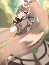 Rule 34 | 1girl, ahoge, black gloves, blurry, book, brown cape, brown capelet, brown cloak, brown eyes, brown hair, cape, capelet, cloak, crossed bangs, falling leaves, feather hair ornament, feathers, frilled capelet, frills, gloves, hair ornament, hairclip, highres, holding, holding book, hololive, hololive english, hood, hood down, leaf, long hair, looking at viewer, looking back, multicolored hair, nanashi mumei, nanashi mumei (1st costume), outdoors, partially fingerless gloves, ponytail, shishi cc, sidelocks, smile, streaked hair, two-tone hair, very long hair, virtual youtuber