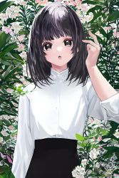 Rule 34 | 1girl, :o, ai-assisted, bad id, bad pixiv id, black eyes, black hair, floral background, flower, hand up, long hair, long sleeves, looking at viewer, meola, open mouth, original, shirt, upper body, white flower, white shirt