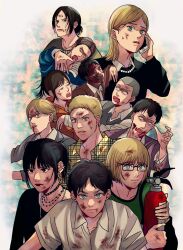 Rule 34 | alternate universe, annie leonhart, armin arlert, bead necklace, beads, bertolt hoover, bespectacled, black choker, black eyes, black hair, blank eyes, blonde hair, blood, blood from mouth, blood on clothes, blood on face, blue eyes, cellphone, character request, choker, commentary request, dirty, eren yeager, exposed muscle, fire extinguisher, glasses, grey hair, highres, holding, holding phone, jewelry, krista lenz, levi (shingeki no kyojin), llq9ull, mikasa ackerman, necklace, phone, ponytail, reiner braun, sasha blouse, shingeki no kyojin, smartphone, spiked choker, spikes, sweatdrop, twintails, unmoving pattern, ymir (shingeki no kyojin), zombie