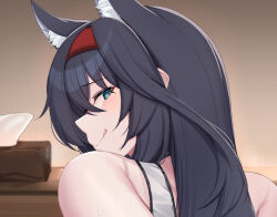 Rule 34 | 1girl, :q, animal ears, arknights, bare arms, bare shoulders, black hair, blaze (arknights), cat ears, commentary request, highres, indoors, kanta (kanta 077), long hair, looking at viewer, portrait, red eyes, smile, solo, tail, tank top, tissue box, tongue, tongue out, very long hair, white tank top