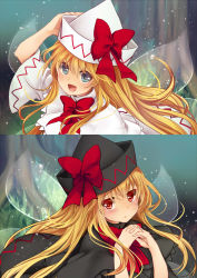 Rule 34 | 2girls, black dress, blonde hair, blue eyes, blush, bow, capelet, dress, dual persona, fairy wings, hand on headwear, hat, hat bow, highres, interlocked fingers, light particles, lily black, lily white, long hair, multiple girls, open mouth, own hands clasped, own hands together, red eyes, rimu (kingyo origin), smile, touhou, white dress, wide sleeves, wings