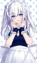 Rule 34 | 1girl, 7saki, :d, bad id, bad pixiv id, blue eyes, blush, hair between eyes, hands up, highres, izayoi sakuya, long hair, looking at viewer, maid headdress, open mouth, smile, solo, touhou, upper body, white hair, wrist cuffs