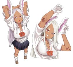 Rule 34 | 1girl, animal ears, arms up, black skirt, blouse, blush, boku no hero academia, breasts, brown footwear, cleavage, collarbone, collared shirt, commentary, dark-skinned female, dark skin, dress shirt, from above, full body, gloves, grin, gyaru, hands up, highres, kogal, large breasts, long hair, looking at viewer, mipoog, mirko, multiple views, open mouth, pleated skirt, rabbit ears, red eyes, school uniform, shirt, shoes, short sleeves, simple background, skirt, smile, socks, standing, stretching, teeth, white background, white gloves, white hair, white legwear, white shirt