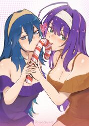 Rule 34 | 2girls, alternate costume, bare shoulders, blue eyes, blue hair, breasts, candy, candy cane, christmas, cleavage, fire emblem, fire emblem: path of radiance, fire emblem: radiant dawn, fire emblem awakening, food, green eyes, hairband, heart, highres, holding, holding candy, holding food, long hair, looking at viewer, lucina (fire emblem), medium breasts, mia (fire emblem), multiple girls, nintendo, off-shoulder shirt, off shoulder, orange shirt, purple hair, purple shirt, shirt, short sleeves, upper body, very long hair, vialnite, white hairband