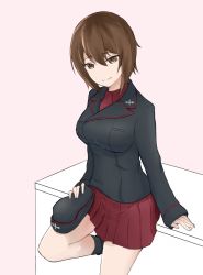 Rule 34 | 10s, 1girl, arm support, black hat, black jacket, black socks, brown eyes, brown hair, closed mouth, cowboy shot, dress shirt, garrison cap, girls und panzer, hat, holding, holding clothes, holding hat, jacket, leg up, light smile, long sleeves, looking at viewer, military, military hat, military uniform, miniskirt, nishizumi maho, pleated skirt, red shirt, red skirt, shirt, short hair, skirt, socks, solo, standing, standing on one leg, umani (eighth norman), uniform, unworn hat, unworn headwear
