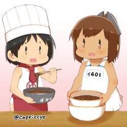 Rule 34 | 10s, 2girls, apron, black hair, bowl, brown eyes, brown hair, capriccyo, character name, chef hat, chibi, chocolate, hat, i-401 (kancolle), kantai collection, maru-yu (kancolle), mixing bowl, multiple girls, one-piece swimsuit, open mouth, ponytail, sailor collar, school swimsuit, short hair, short ponytail, spatula, swimsuit, toque blanche, twitter username, white one-piece swimsuit, white school swimsuit
