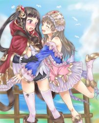 Rule 34 | 2girls, atelier (series), atelier totori, bare shoulders, bird, black hair, blush, boots, brown hair, cloud, day, dress, closed eyes, female focus, fence, gloves, hair ornament, hat, hug, imminent hug, knee boots, kyoukya (kyouya02), lake, long hair, mimi houllier von schwarzlang, multiple girls, open mouth, outstretched arms, outstretched hand, pink footwear, ponytail, purple eyes, skirt, sky, smile, sweatdrop, thighhighs, totooria helmold, white legwear, yuri