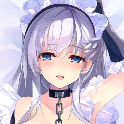Rule 34 | 1girl, arm guards, azur lane, belfast (azur lane), blue eyes, blush, braid, breasts, chain, collar, collarbone, french braid, frills, gloves, hand up, long hair, looking at viewer, maid, maid headdress, open mouth, shirokitsune, silver hair, smile, solo, upper body, white gloves